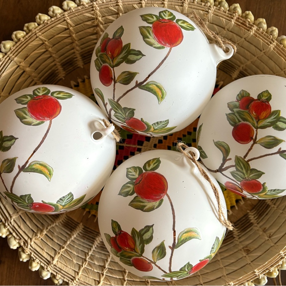 Set 4 Artisan Handblown Glass Ornaments Frosted Peach Peaches 5" Cottage Core